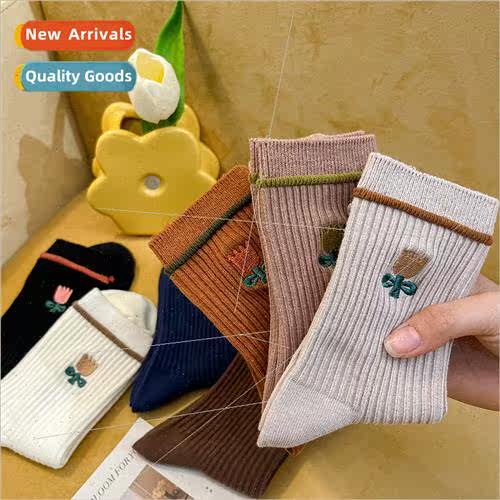 Socks Women Spring Autumn New Double Needle Mid-calf Socks L