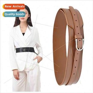 ladies coat decorative layer wide cowhide female Two belt