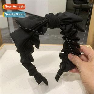 Black ruffled bow hair band wide edge French hairpin wooden