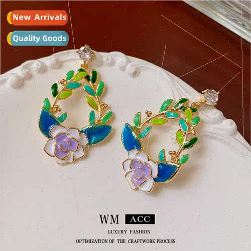 lver needle oil drop hollow flowers leaves earrings French e