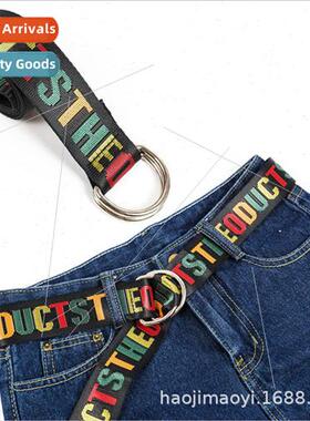 Embroidery Double Ring D Buckle Belt Alphabet Men Women Stud