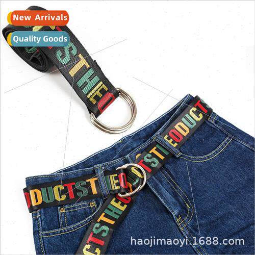 Embroidery Double Ring D Buckle Belt Alphabet Men Women Stud