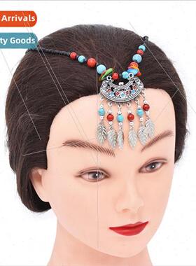 ethnic headdress colorful beaded leaves tassel ehead chain a