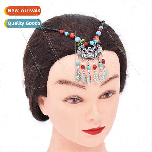 ethnic headdress colorful beaded leaves tassel ehead chain a