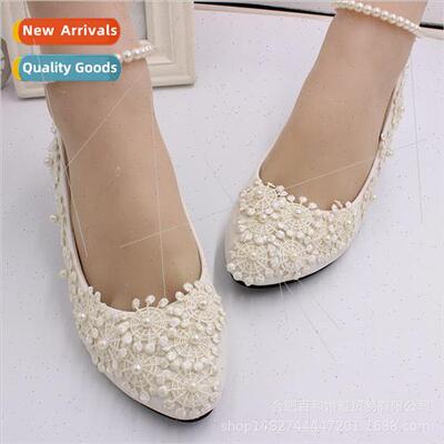 Whe low heeled pearl anklet bridal wedding shoes wedding dre