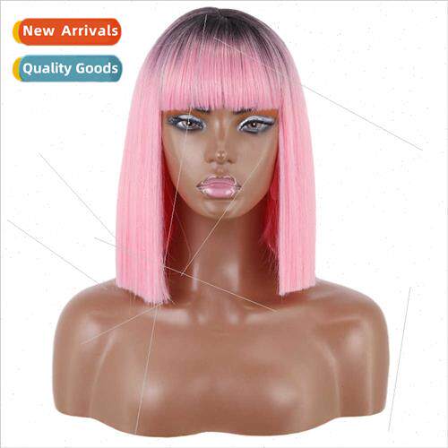 Europe wig women Qi bangs black pink two-color gradient chem