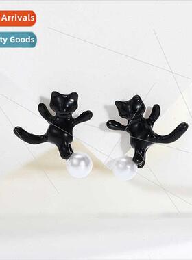 Europe cute black cat pearl earrings female ins sweet hundre