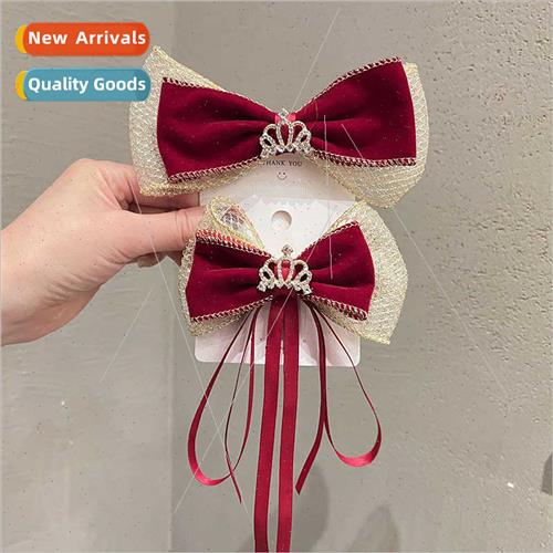 Crown double velvet red bow ribbon children hair clips princ
