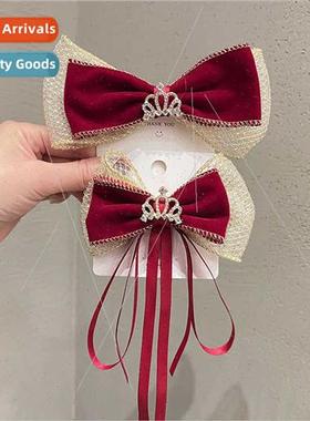 Crown double velvet red bow ribbon children hair clips princ