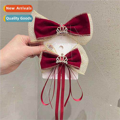Crown double velvet red bow ribbon children hair clips princ