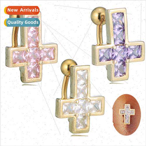 Medical Steel Piercing Jewelry 3A Zirconia Cross Navel Ring