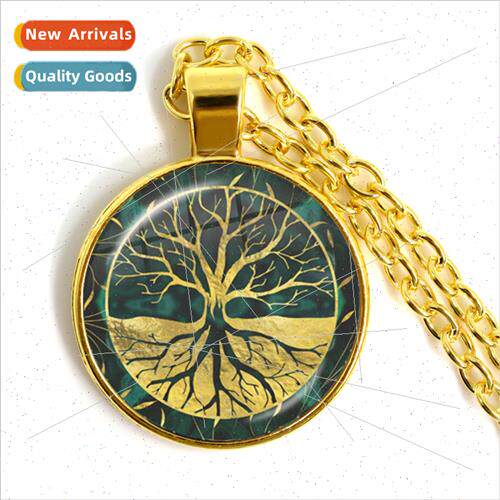 Tree fe Minimalist Necklace Glass Round Jewellery Painting A