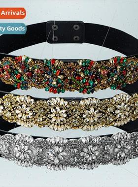ins Europe Crystal Gemstone Wide Belt Black Elastic Stch Wov