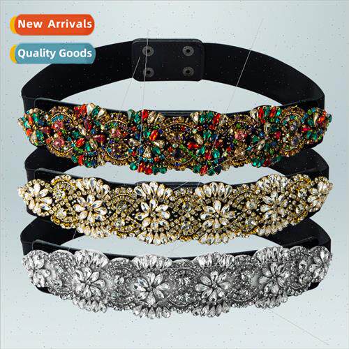 ins Europe Crystal Gemstone Wide Belt Black Elastic Stch Wov
