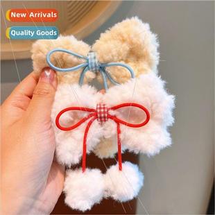 cute bow color plush girls clips hair ball lambswool Cream