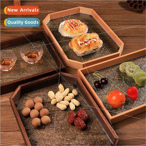 Solid wood glass tray vintage begonia tea tray fru plate sna