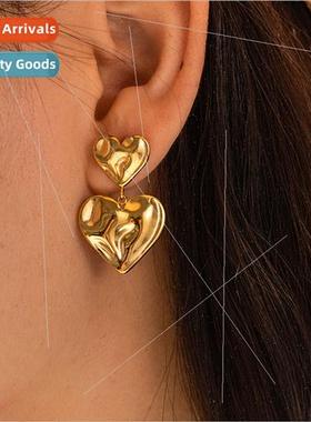 Irregular Pleated Textured Double Heart Earrings Women INS c