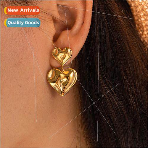 Irregular Pleated Textured Double Heart Earrings Women INS c