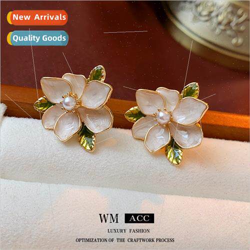 lver needle oil drop pearl flower leaf earrings lerary retro