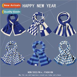 female winter wool Japanese plaid scarf knted Christmas blue
