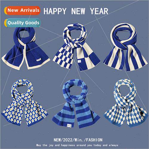 Japanese blue scarf female winter wool knted plaid Christmas
