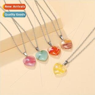 Colorful Natural Stone Heart Crystal Love Necklace Peach Hea