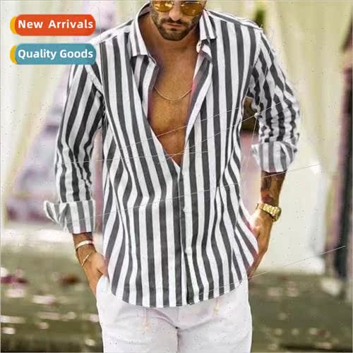 2023 new long-sleeved lapel striped shirt loose shirt man