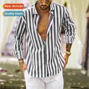 sleeved lapel striped 2023 loose long shirt man new