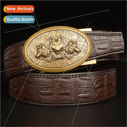 Vintage wolf head automatic buckle men belt cowhide crocodil