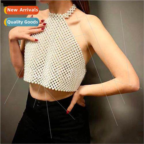 Europe Sexy Belly Bib Backless Neck Handmade Knted Pearl Ves