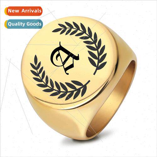 Stainless Steel 26 Alphabet Leaf Ring Round 22MM Tanium Vint