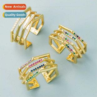 Copper plated 18K gold geometric open ring 适用men micro-set