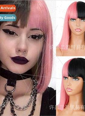 Europe wigs black pink bi-color bangs locks hair medium-leng