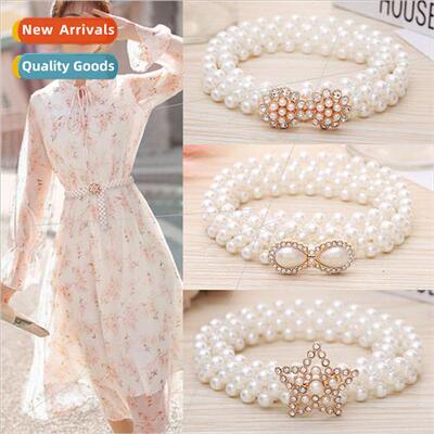 Korean fashion ladies pearl thin waist chain dress summer si