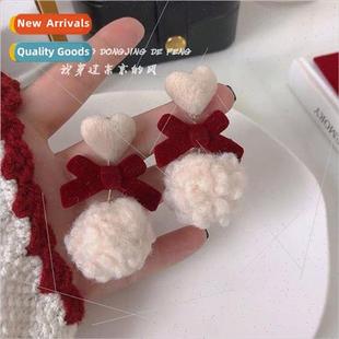 burgundy velvet ball princess wool earrings lamb s925 bow