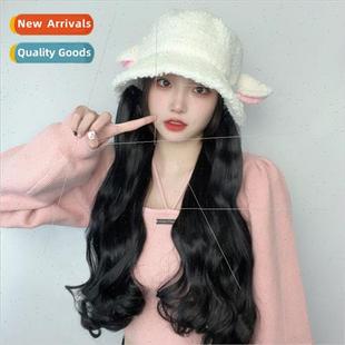 Wig women long curly hair whole head cover lamb wool cap lon