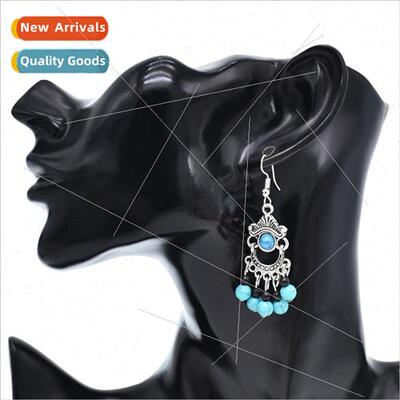 ethnic crescent-shaped turquoise beads tassel earrings Ms. p