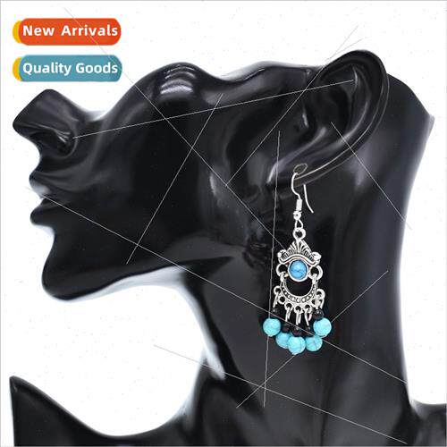 ethnic crescent-shaped turquoise beads tassel earrings Ms. p