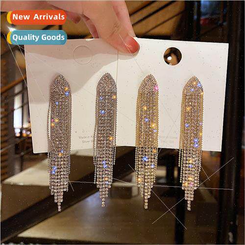 Europe long tassel rhinestone earrings female 925 silver nee