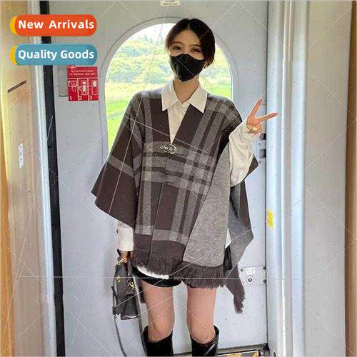 Travel plaid shawl cape knted jacket female 2022 fall new ou