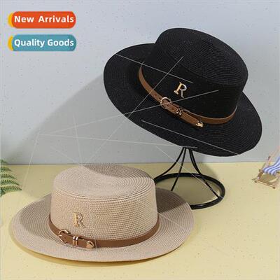 metal R letters leather strapped straw hat female casual fas
