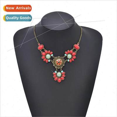 Europe new jewelry ethnic oil drop necklace set retro red fl