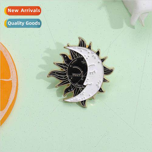 Creative sun moon brooch  American metal black whe lapel pin