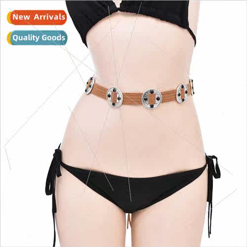 Ethnic inlaid black beads waist chain bohemian braided leath