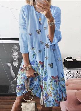 2021 Winter Speedmaster Vintage Printed O-Neck nen Dress Wom