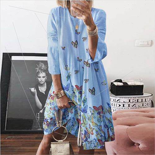 2021 Winter Speedmaster Vintage Printed O-Neck nen Dress Wom