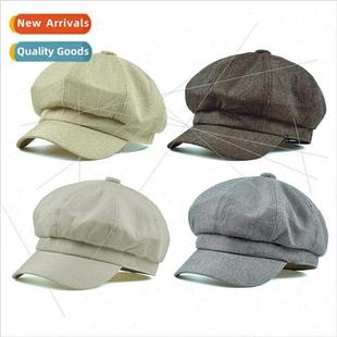 cotton linen solid retro Korean thin cap England octagonal