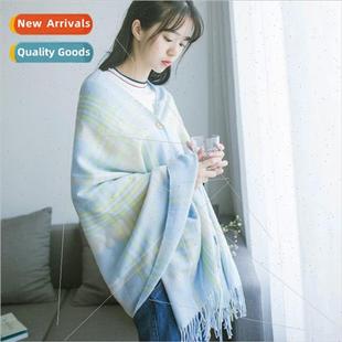 fall winter female button stu scarf shawl plaid Japan tassel