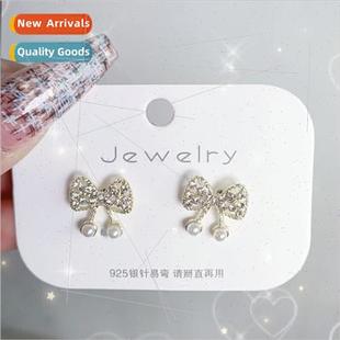 simple small rhinestone 925 earrings needle bow sweet silver