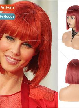 Europe red bobbed head bangs short hair wig chemical fiber f